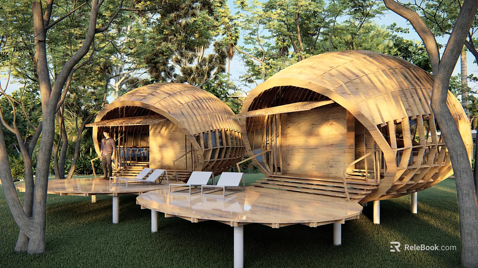Dome Shaped Wooden Huts Surrounded by Trees With Terrace And Lounge Chairs 3d model 