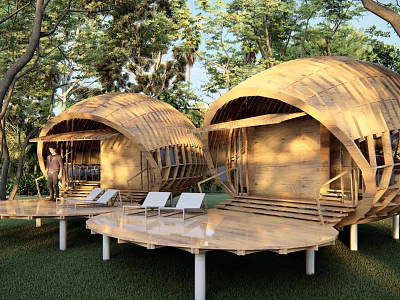 Dome Shaped Wooden Huts Surrounded by Trees With Terrace And Lounge Chairs 3d model