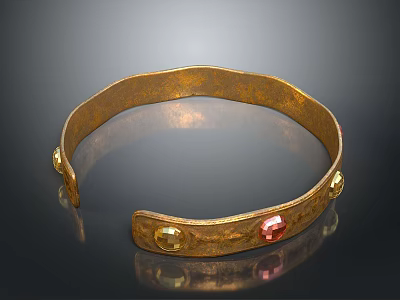 Stylish Golden Metal Hardware Tool Ring Featuring Red And Yellow Gemstone Accents 3d model