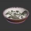 White Decorative Bowl With Green Bird Leaf And Black Geometric Patterns
