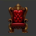 Luxurious Red Leather Single Chair With Carved Wooden Armrests And Ornate Backrest
