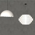 Two White Illuminated Chandeliers With Different Designs On Grey Wall Background 3d model