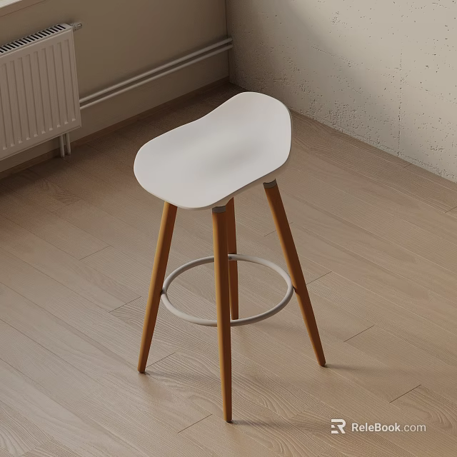 Modern Minimalist Bar Stool With White Curved Seat And Wooden Legs Design 3d model 