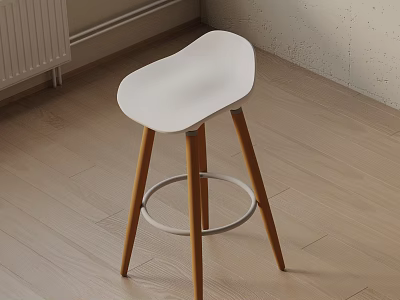 Modern Minimalist Bar Stool With White Curved Seat And Wooden Legs Design 3d model