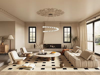 Elegant Living Room Interior With Decorative Ceiling Ring Chandelier Fireplace Beige Sofa And Checkered Rug 3d model