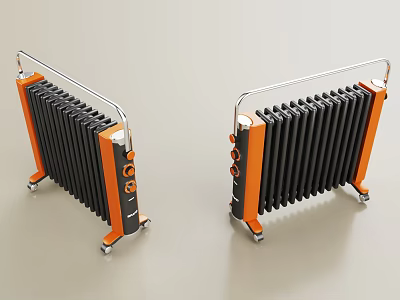 Black and Orange Portable Radiators with Wheels and Control Panels Features 3d model