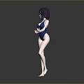 Anime Female Character With Purple Hair In Blue Swimsuit Standing On Gray Background