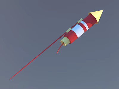 Red and White Striped Rocket Model With Yellow Tip Red Fins and Streamers 3d model