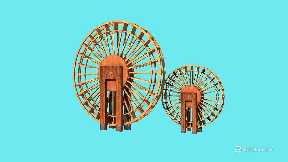 Two Wooden Waterwheels As Garden Ornaments With Large And Small Sizes 3d model 