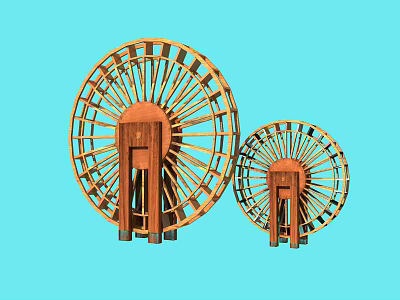Two Wooden Waterwheels As Garden Ornaments With Large And Small Sizes 3d model