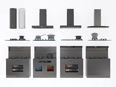 Modern Kitchen Appliances Including Tall Vertical Short Horizontal Hoods Stovetops And Glass Door Ovens 3d model