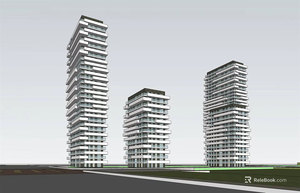 Three Modern High Rise Buildings With Glass Facades And Balconies In Urban Area 3d model 