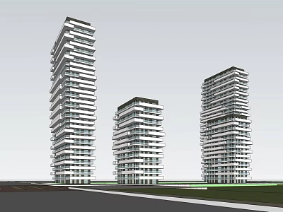 Three Modern High Rise Buildings With Glass Facades And Balconies In Urban Area 3d model