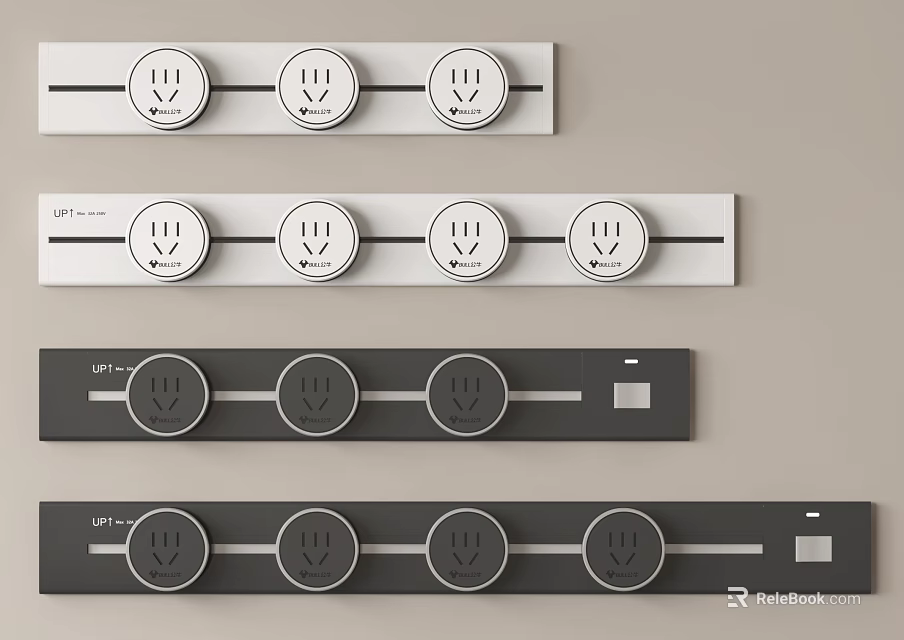 Contemporary Electrical Power Strips In White And Gray With Multiple Round Outlets 3d model 