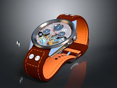 Elegant Orange Leather Strap Watch With Mechanical Dial And Metal Case For Daily Use 3d model