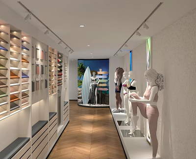 Bright Modern Fashion Clothing Store Interior With Stylish Mannequins And Neat Apparel Display Shelves 3d model