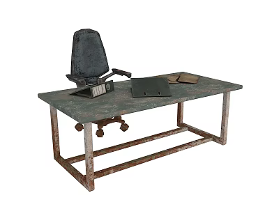 Rustic Office Interior With Metal Frame Desk Wooden Top And Rolling Office Chair 3d model