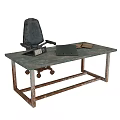 Rustic Office Interior With Metal Frame Desk Wooden Top And Rolling Office Chair