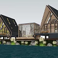 Modern Cultural Center Building With Triangular Roofs Wooden Structure And Waterfront Reflection
