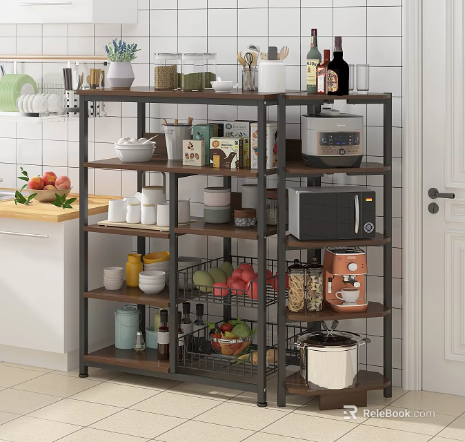 Multi Tiered Kitchen Storage Shelf Unit Organizing Dishes Jars Microwave Fruits And Vegetables 3d model 