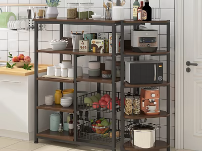 Multi Tiered Kitchen Storage Shelf Unit Organizing Dishes Jars Microwave Fruits And Vegetables 3d model
