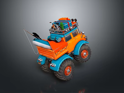 Orange And Blue Off Road Truck With Luggage Tools And Fishing Rod On Roof 3d model