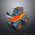 Orange And Blue Off Road Truck With Luggage Tools And Fishing Rod On Roof