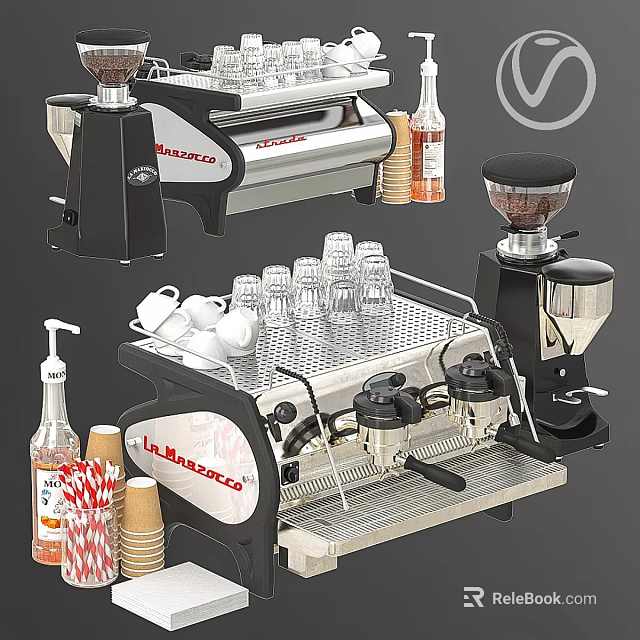 Modern Coffee Kitchen Appliances With Machine Grinder Glass Cups And Paper Cups 3d model 