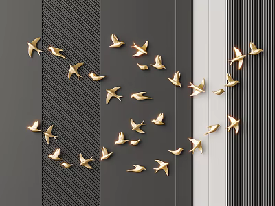 Stylish Golden Bird Wall Decor for Modern Home with Gray And White Striped Wall 3d model