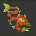 Vibrant Red Yellow Mythical Dragon Fish Creature With Scaled Body And Curved Fishtail