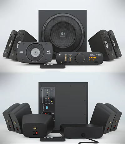 High Quality Home Theater Speaker System With Black Subwoofer Satellite Speakers And Control Panel 3d model