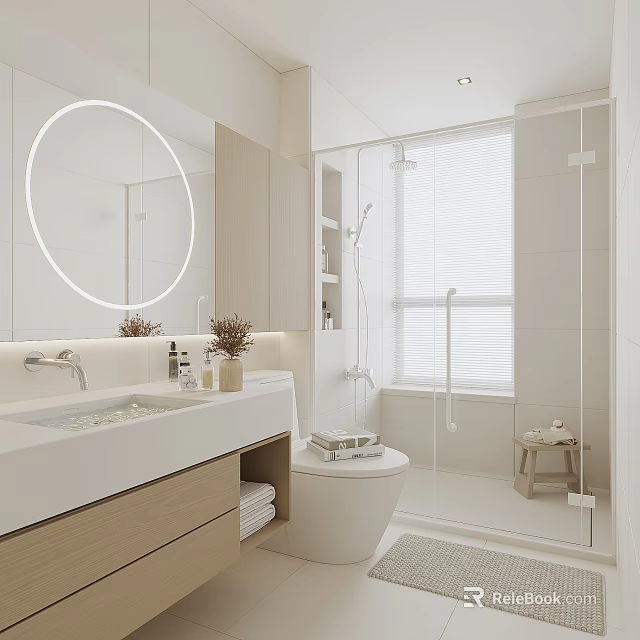 Modern Bathroom Interior Design With Circular Mirror Vanity Glass Shower And Window Blinds 3d model 