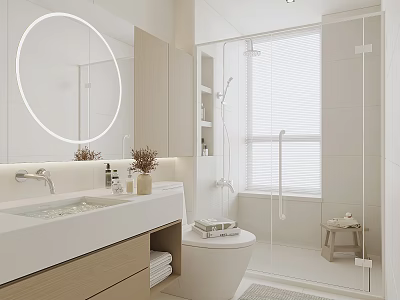 Modern Bathroom Interior Design With Circular Mirror Vanity Glass Shower And Window Blinds 3d model