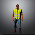 Man in High Visibility Yellow Vest Green T-shirt Blue Jeans Red Boots Gray Background
