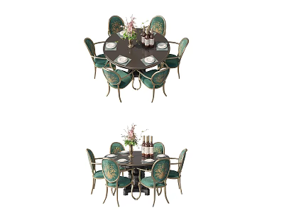 Round Dining Table Set With Green Patterned Chairs Flower Vase Wine Bottles and Tableware 3d model