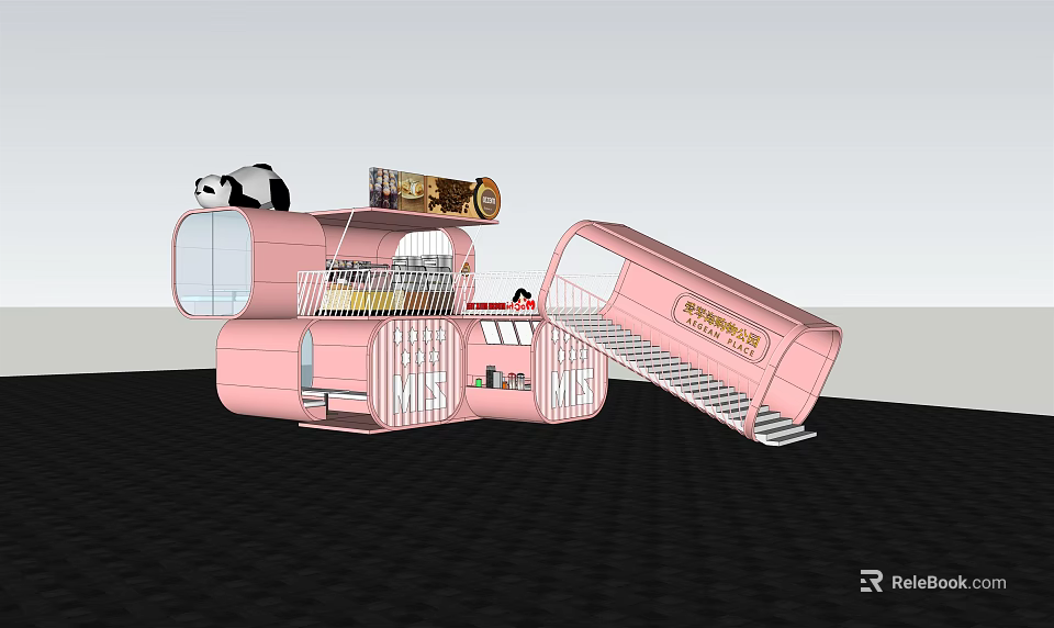 Modern Pink Container Building With Open Staircase And Large Glass Windows 3d model