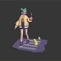 3D Character Model With Green Hair Yellow Jacket Purple Platform And Yellow Ducklings