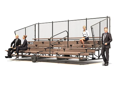 Public Facility Mobile Bleachers With Metal Fence Wooden Steps And Seating 3d model
