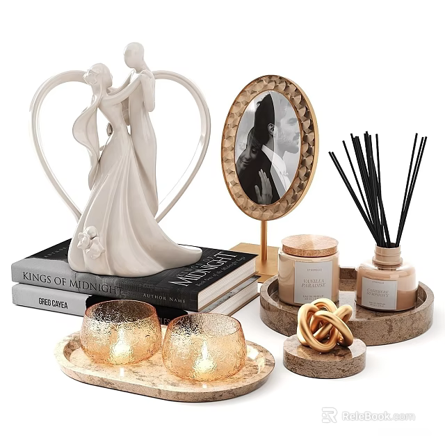 Decorative Ornament Set With Couple Figurine Photo Frame And Aromatherapy Candles 3d model 