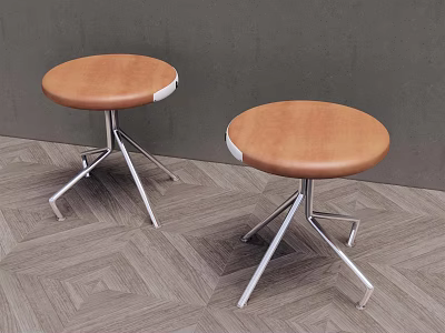 Two Stools With Brown Leather Seats And Silver Star Shaped Metal Legs On Herringbone Floor 3d model
