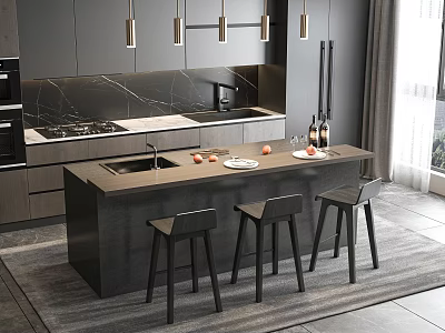 Modern Kitchen Interior With Dark Stone Bar Counter And Wooden Stools 3d model