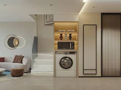 Modern Apartment Layout With Washing Machine Microwave And Living Area 3d model