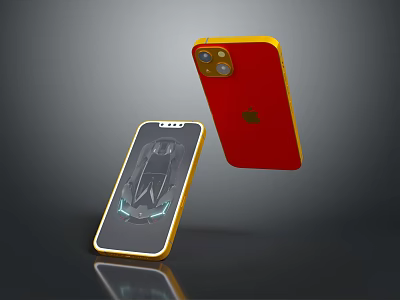 Red And Yellow Frame Smartphones With Apple Logo Camera And Car Image On Screen 3d model