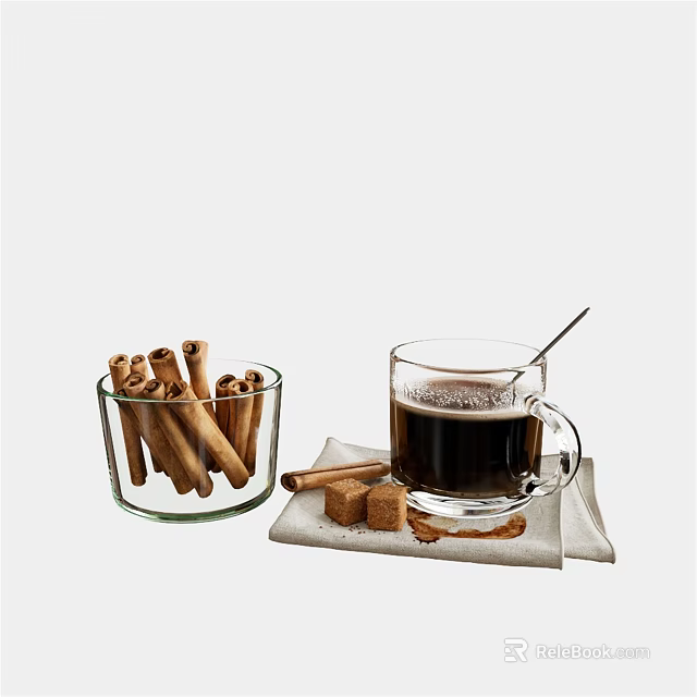Warm Coffee Cup With Cinnamon Sticks In Glass Bowl And Sugar Cubes On Napkin 3d model 