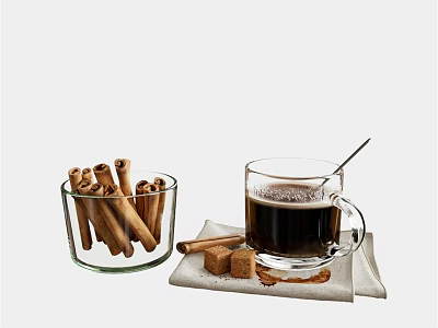 Warm Coffee Cup With Cinnamon Sticks In Glass Bowl And Sugar Cubes On Napkin 3d model