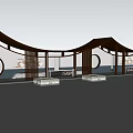 Traditional Chinese Garden Pergola With Circular Windows Wooden Columns And Green Lawn