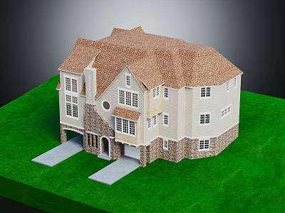 Single Family Detached Home With Brown Tiled Roof Stucco Walls Stone Base Two Car Garage 3d model