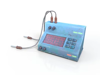 Vintage Electronic Control Panel Blue Industrial Design With Red Grid Display Knobs Buttons And Cables 3d model