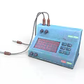 Vintage Electronic Control Panel Blue Industrial Design With Red Grid Display Knobs Buttons And Cables