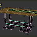 Modern Wooden Table with Blue Stripe Top Black Metal Legs Square Blue Base Yellow Accent